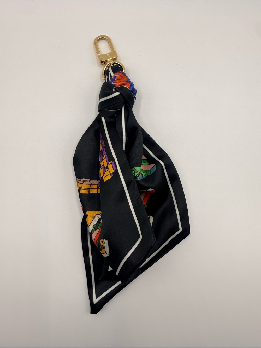 Black Silk Scarf Keychain with Colorful Print
